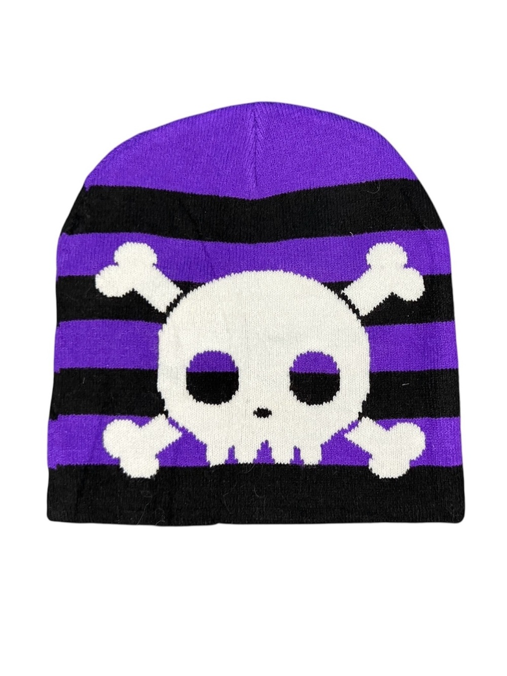 NWOT Kids Purple & Black Stipe Skull Knit One-Piece Beanie Hat